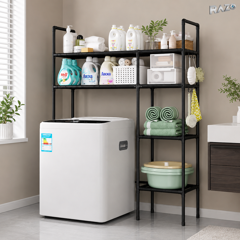 Suport organizator dublu pentru masina de spalat RAZO, 4 niveluri, Tevi Metalice, Rafturi din material PP pentru depozitare baie, Capacitate 50kg, 138x106x25 cm, Negru