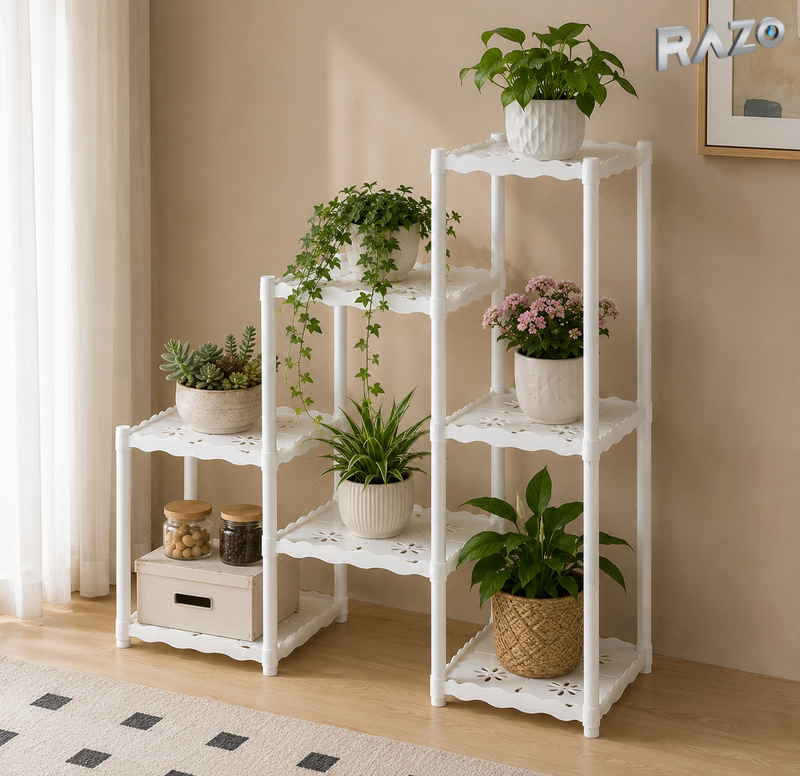 Raft flori triplu RAZO, Suport plante 7 niveluri, Tevi Metalice, Organizator decorativ interior, exterior, 82,5 x 27,5 x 95 cm, Alb