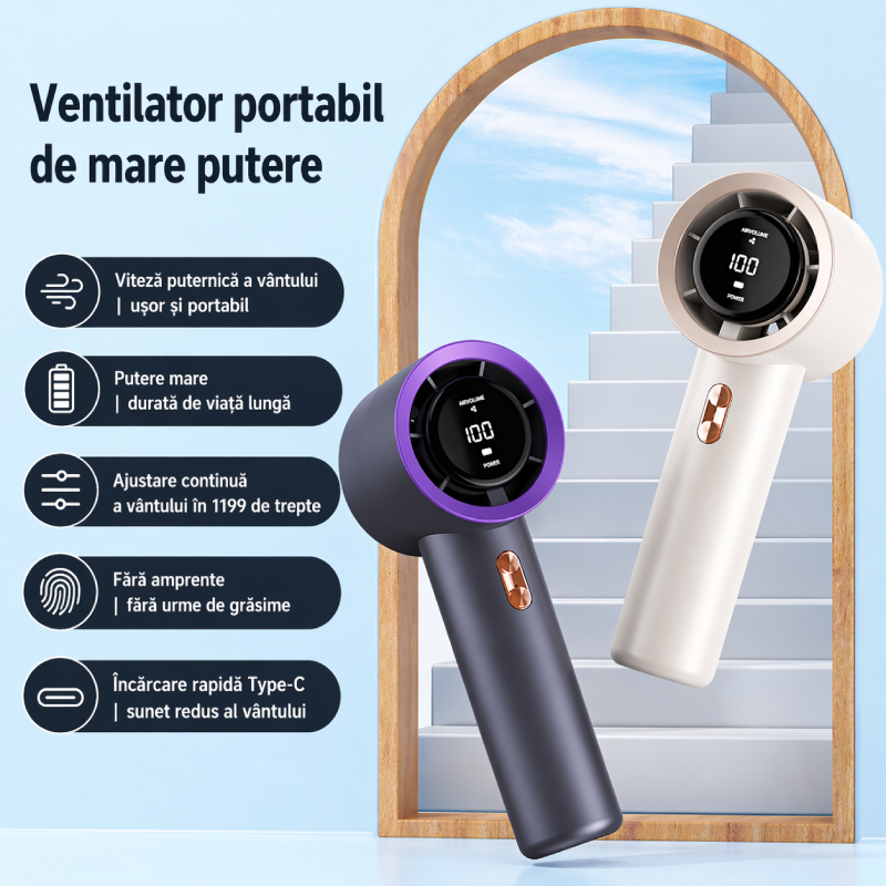 Ventilator mini turbo portabil RAZO, Reincarcabil, Compact, Afisaj digital, Flux de aer puternic, Racire rapida, Design modern, Silentios, Cream