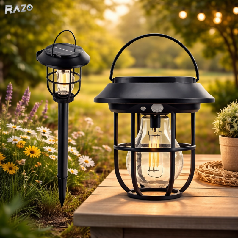 Set 4 lampi solare gradina cu incarcare automata RAZO, Rezistente exterior, LED, Iluminat ambiental exterior, 14,5x12,9x14,1 cm