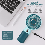 Ventilator mini portabil in 2 culori RAZO, Suport telefon, Reincarcabil, Racire rapida, Design modern, Silentios, Turcoaz-Albastru