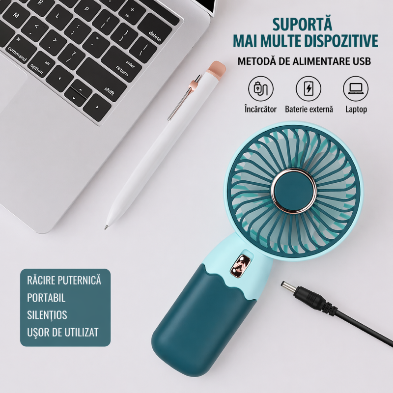 Ventilator mini portabil in 2 culori RAZO, Suport telefon, Reincarcabil, Racire rapida, Design modern, Silentios, Turcoaz-Albastru