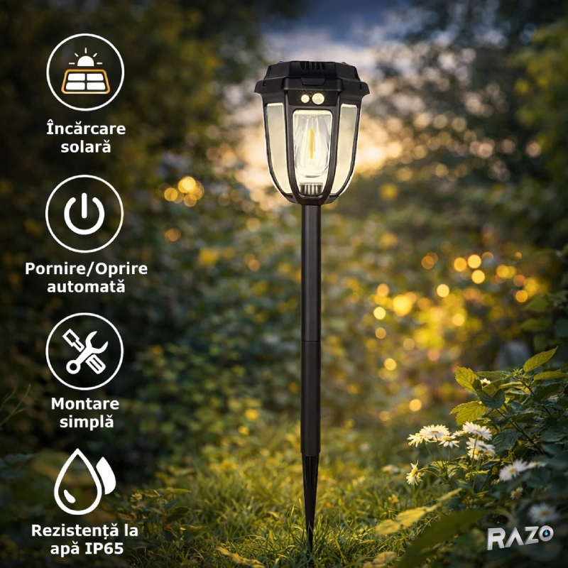 Set 4 lampi solare RAZO cu senzor de miscare, LED 1200lm, Rezistente la apa, 3 moduri iluminare, Exterior, 50x12x12 cm