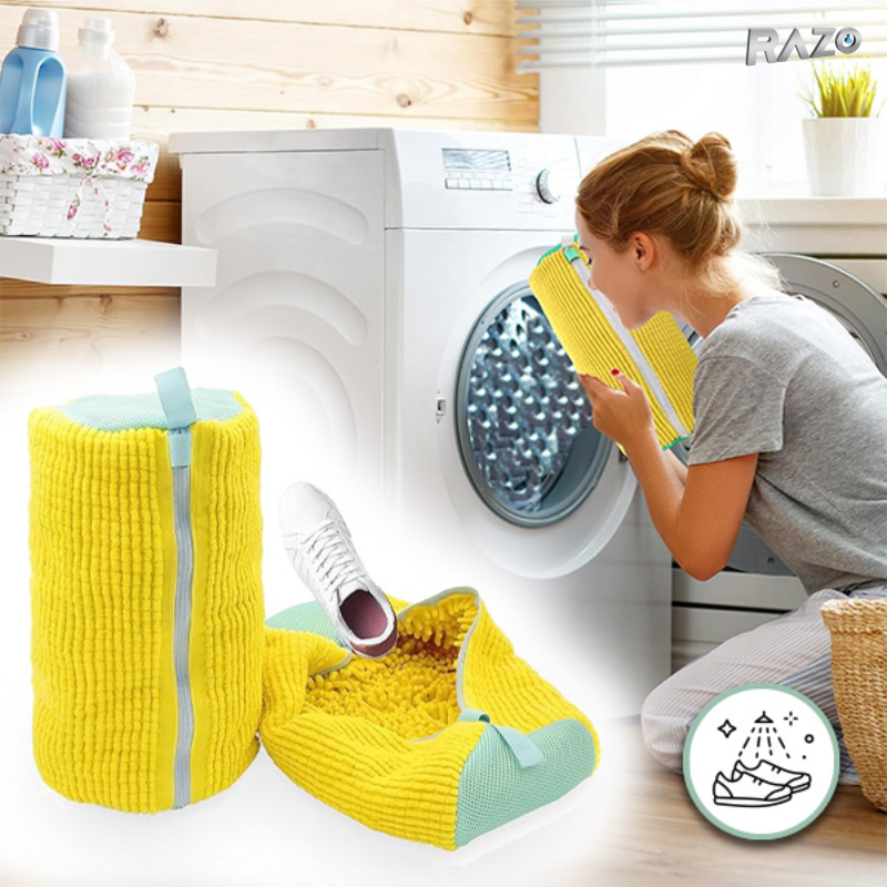 Set 2 saculeti RAZO pentru spalat incaltaminte, 1200+ peri chenille, Protectie pantofi, Tambur masina, Fermoar invizibil, Marimi pana la 43, 39x19 cm, Galben