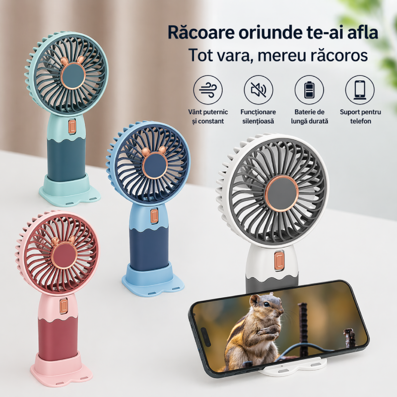 Ventilator mini portabil in 2 culori RAZO, Suport telefon, Reincarcabil, Racire rapida, Design modern, Silentios, Turcoaz-Albastru
