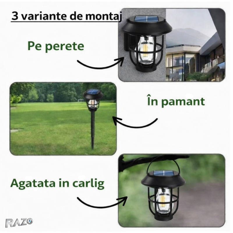 Set 4 lampi solare gradina cu incarcare automata RAZO, Rezistente exterior, LED, Iluminat ambiental exterior, 14,5x12,9x14,1 cm
