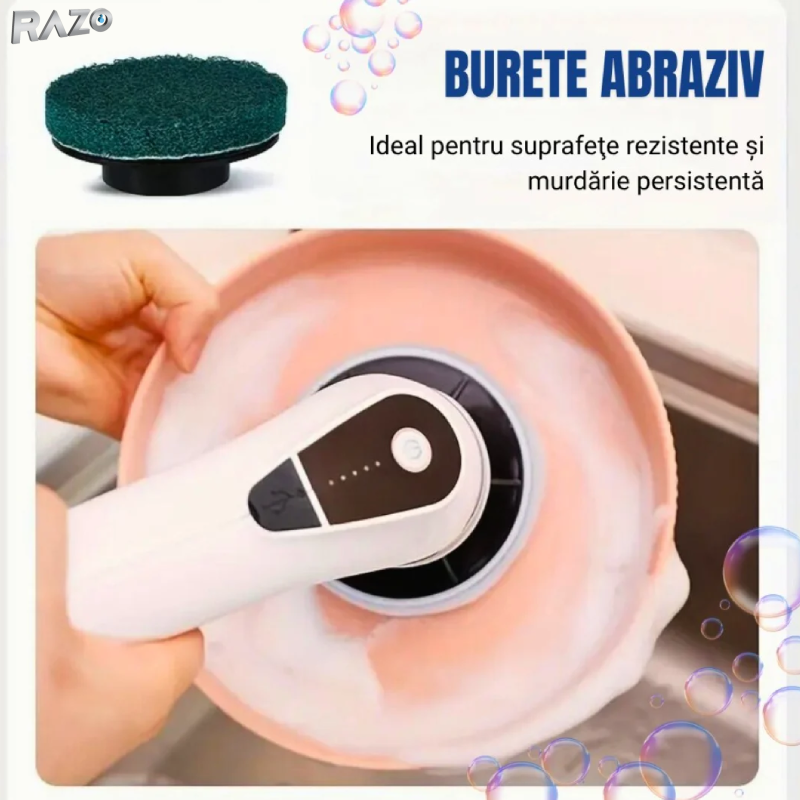 Perie electrica rotativa RAZO 9 in 1, 25W, Brat telescopic, 9 capete interschimbabile, Reincarcabila USB Type-C, Curatare baie, bucatarie