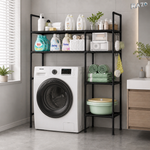 Suport organizator dublu pentru masina de spalat RAZO, 4 niveluri, Tevi Metalice, Rafturi din material PP pentru depozitare baie, Capacitate 50kg, 138x106x25 cm, Negru