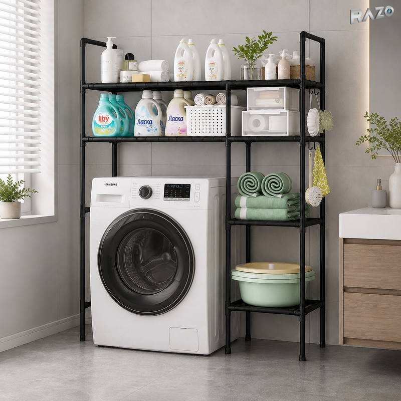 Suport organizator dublu pentru masina de spalat RAZO, 4 niveluri, Tevi Metalice, Rafturi din material PP pentru depozitare baie, Capacitate 50kg, 138x106x25 cm, Negru