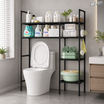 Suport organizator dublu pentru masina de spalat RAZO, 4 niveluri, Tevi Metalice, Rafturi din material PP pentru depozitare baie, Capacitate 50kg, 138x106x25 cm, Negru