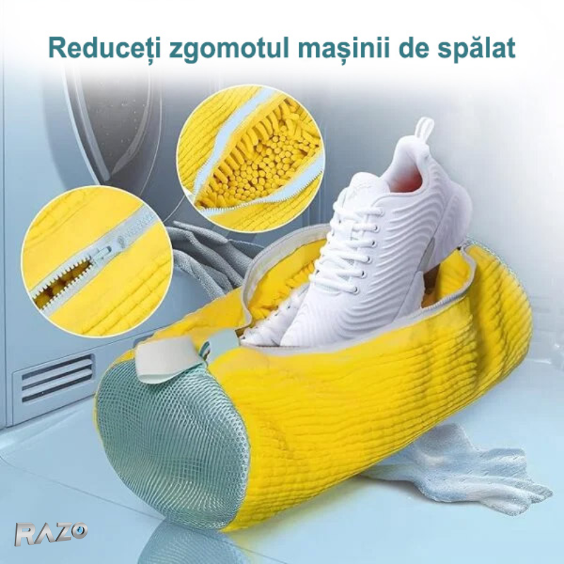 Set 2 saculeti RAZO pentru spalat incaltaminte, 1200+ peri chenille, Protectie pantofi, Tambur masina, Fermoar invizibil, Marimi pana la 43, 39x19 cm, Galben