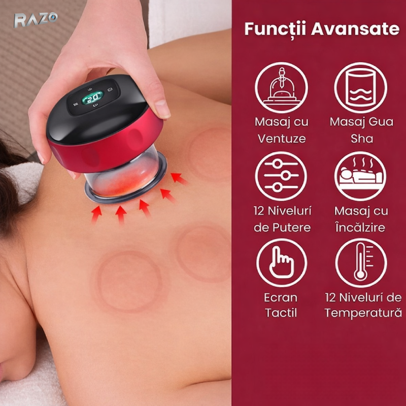 Set 2 aparate electrice de masaj anticelulitic RAZO tip ventuza, Incalzire 38–50°C, 2 nivele putere, Incarcare Type-C, Ecran tactil