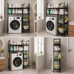 Suport organizator dublu pentru masina de spalat RAZO, 4 niveluri, Tevi Metalice, Rafturi din material PP pentru depozitare baie, Capacitate 50kg, 138x106x25 cm, Negru