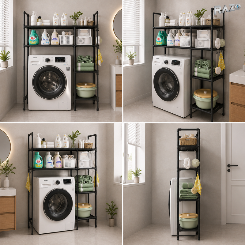 Suport organizator dublu pentru masina de spalat RAZO, 4 niveluri, Tevi Metalice, Rafturi din material PP pentru depozitare baie, Capacitate 50kg, 138x106x25 cm, Negru