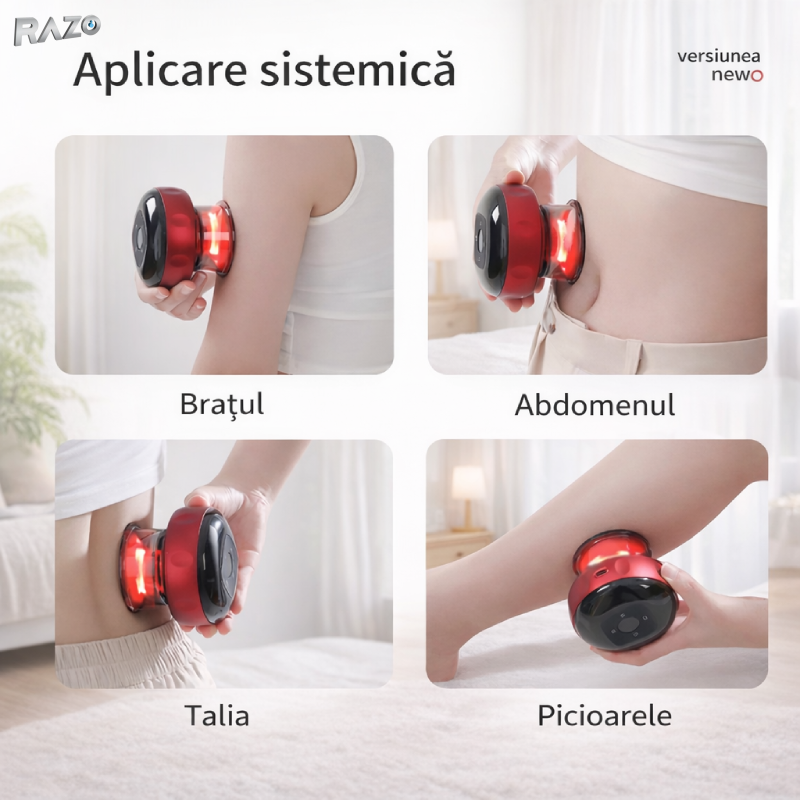Set 4 aparate electrice de masaj anticelulitic RAZO tip ventuza, Incalzire 38–50°C, 2 nivele putere, Incarcare Type-C, Ecran tactil