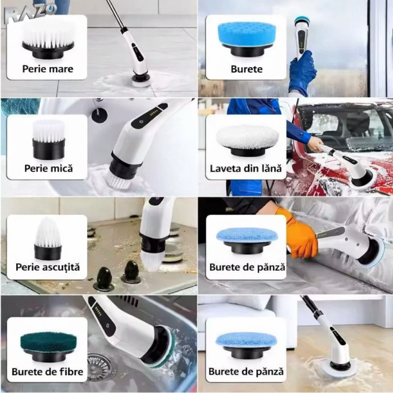 Perie electrica rotativa RAZO 9 in 1, 25W, Brat telescopic, 9 capete interschimbabile, Reincarcabila USB Type-C, Curatare baie, bucatarie