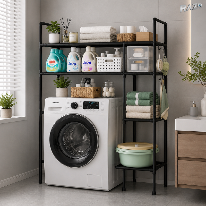 Suport organizator dublu pentru masina de spalat RAZO, 4 niveluri, Tevi Metalice, Rafturi din material PP pentru depozitare baie, Capacitate 50kg, 138x106x25 cm, Negru