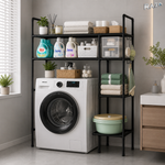 Suport organizator dublu pentru masina de spalat RAZO, 4 niveluri, Tevi Metalice, Rafturi din material PP pentru depozitare baie, Capacitate 50kg, 138x106x25 cm, Negru