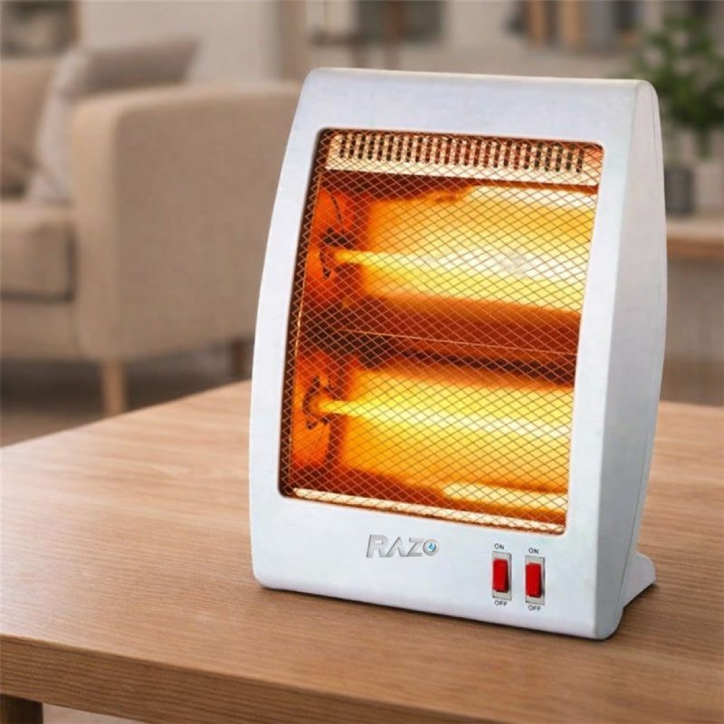 Aeroterma electrica de birou RAZO 800W cu elemente halogen, 2 trepte de putere, protectie la rasturnare, incalzire rapida si uniforma, design compact, alb
