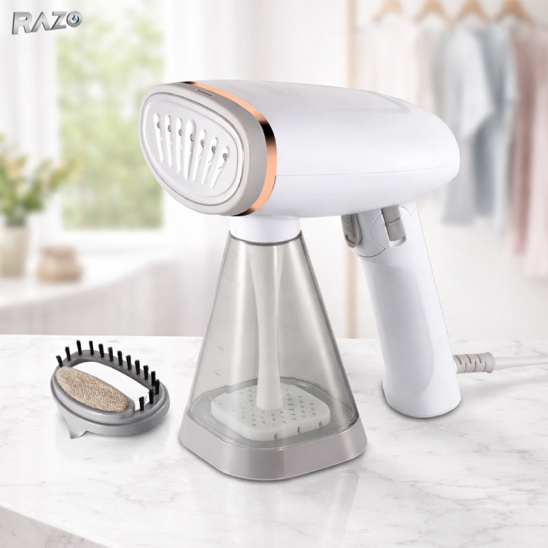 Aparat de calcat vertical RAZO cu abur, portabil si pliabil, putere 1155W, rezervor detasabil 240 ml, incalzire rapida, accesorii incluse, ideal pentru haine, perdele si textile, alb-gri
