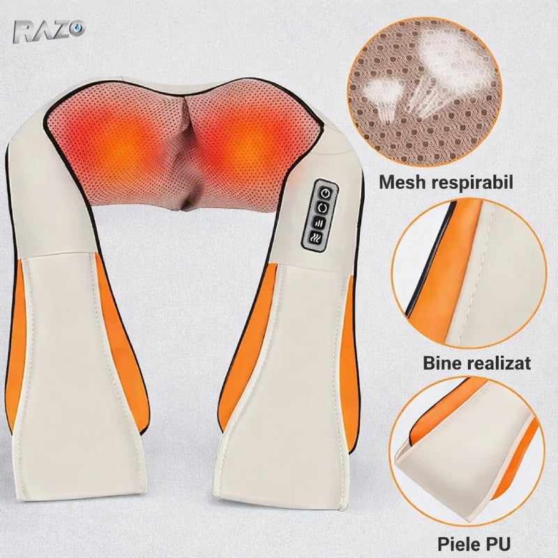 Aparat de masaj electric RAZO cu incalzire si rotatie 3D, pentru gat, umeri, spate si zona lombara, functie de schimbare a directiei, alimentare 12V, pentru relaxare musculara
