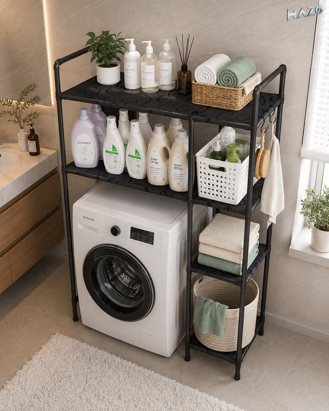 Suport organizator dublu pentru masina de spalat RAZO, 4 niveluri, Tevi Metalice, Rafturi din material PP pentru depozitare baie, Capacitate 50kg, 138x106x25 cm, Negru