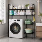 Suport organizator dublu pentru masina de spalat RAZO, 4 niveluri, Tevi Metalice, Rafturi din material PP pentru depozitare baie, Capacitate 50kg, 138x106x25 cm, Negru
