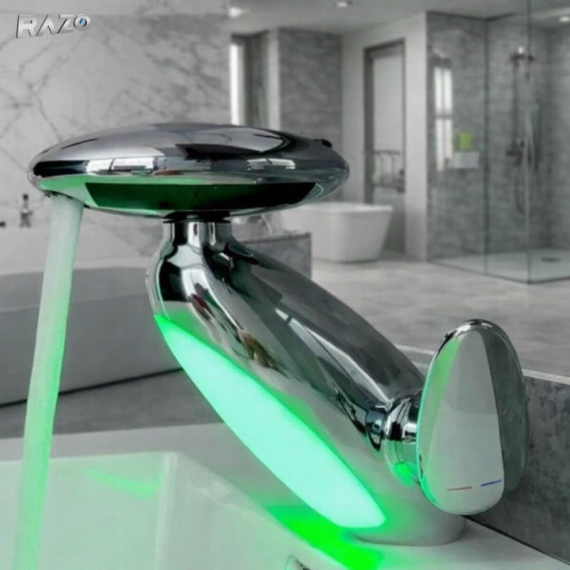 Baterie chiuveta baie premium RAZO cu 4 tipuri de jet, cap retractabil flexibil, iluminare LED in functie de temperatura, cartus ceramic, finisaj crom