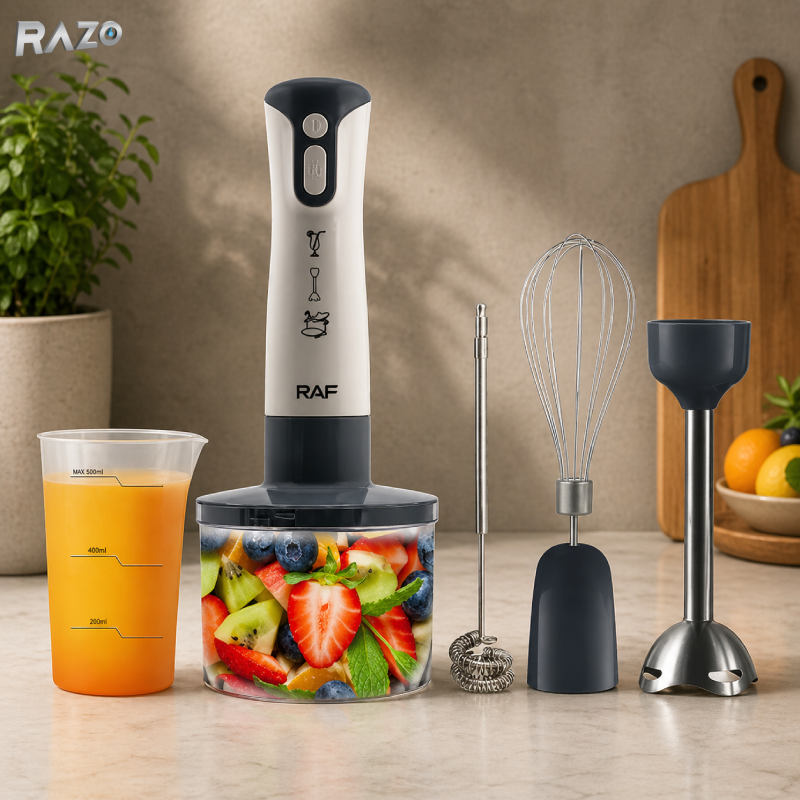 Blender de mana 5 in 1 2000W RAZO, Multifunctional, Lame inox rezistente, 2 viteze pentru control optim, Preparare rapida, Design ergonomic