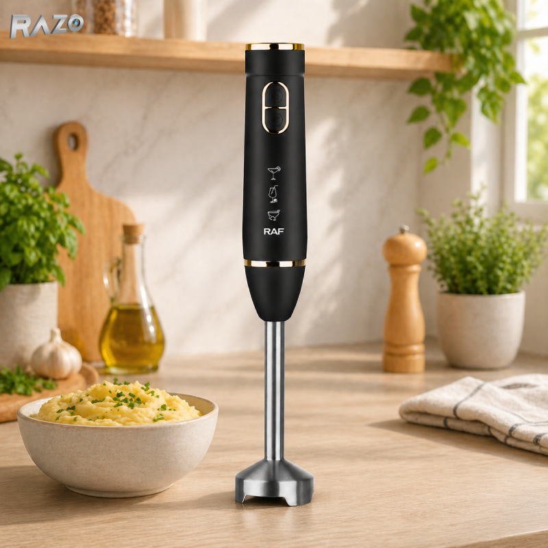 Blender de mana 800W RAZO, 2 viteze, Functie pulse, Lame inox, Multifunctional, Design ergonomic, Compact, Eficient, Negru
