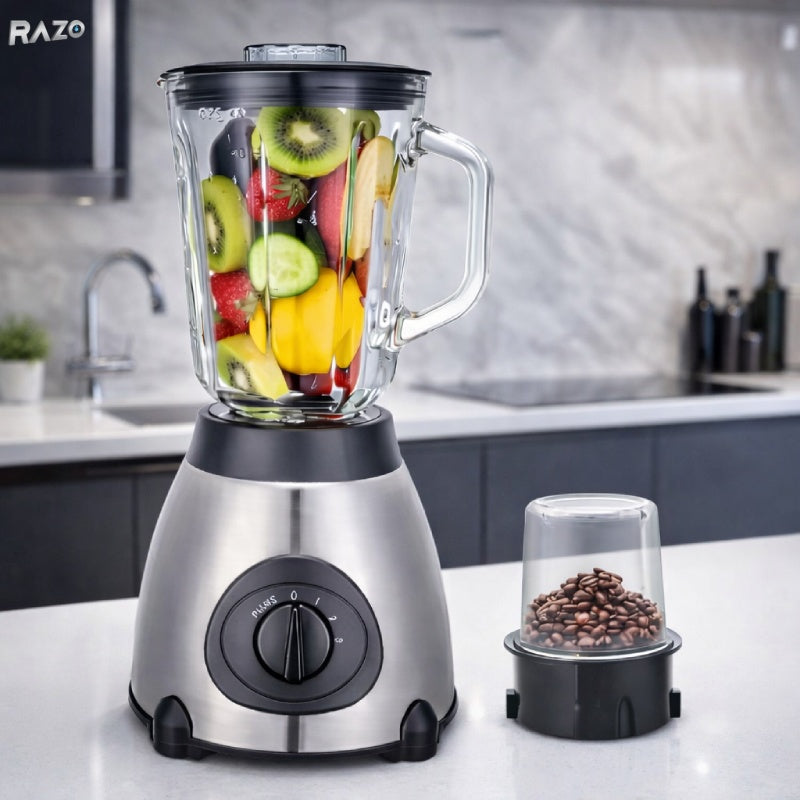 Blender profesional 2 in 1 RAZO, putere 2200W, rasnita inclusa, 5 viteze si functie pulse, lame din inox, vas mare, ideal pentru smoothie, gheata, nuci, condimente si cafea boabe
