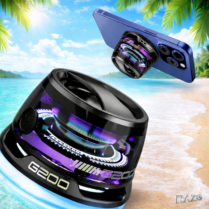 Boxa portabila mini Bluetooth RAZO 5W cu prindere magnetica MagSafe, suport telefon 2 in 1, lumini RGB, autonomie pana la 4 ore
