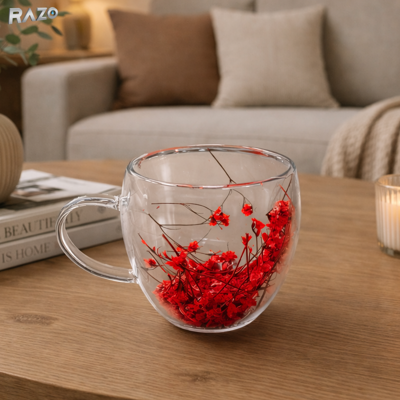 Set 4 cani sticla pereti dubli Red 250 ml RAZO, Flori uscate naturale, Design elegant decorativ, Flori rosii