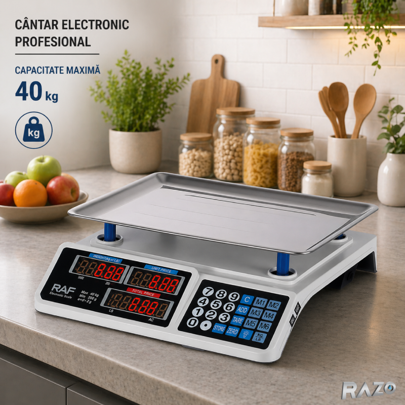 Cantar electronic 40kg RAZO, Afisaj LED, Functie calcul pret, Cantarire precisa, Platforma inox rezistenta, Afisaj dublu pentru greutate pret si total