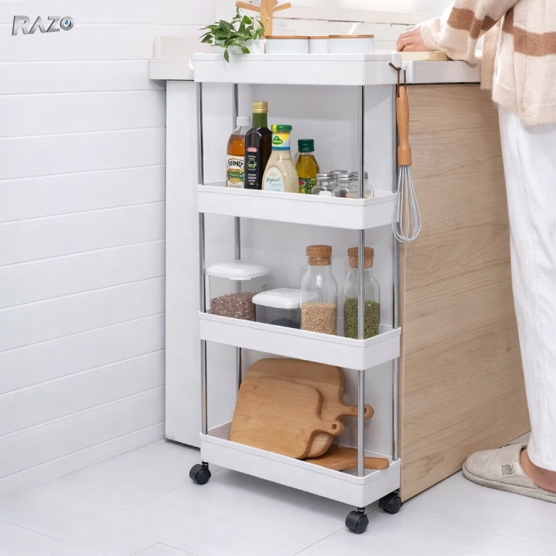 Carucior organizator slim RAZO cu 4 rafturi si 3 carlige, suport metalic, portabil, cu roti pivotante, ideal pentru bucatarie, baie sau camara, dimensiuni 87x40x13 cm, alb
