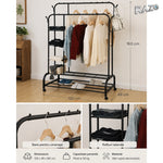 Suport metalic pentru haine cu 2 bare, 3 rafturi laterale, capacitate 58 kg, 120 × 49 × 160 cm, negru