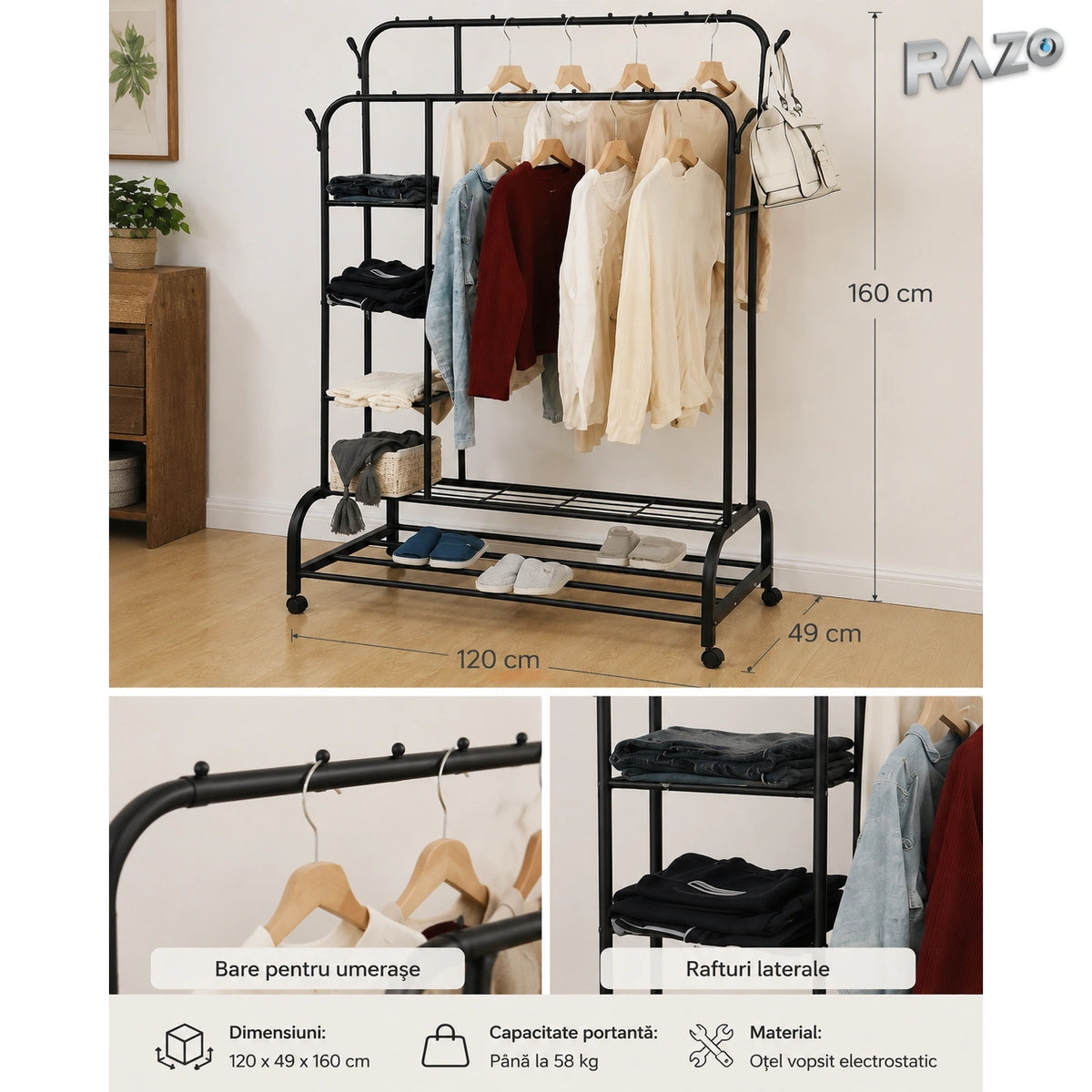 Suport metalic pentru haine cu 2 bare, 3 rafturi laterale, capacitate 58 kg, 120 × 49 × 160 cm, negru