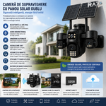 Camera Supraveghere 4G 12MP cu Panou Solar Dublu, 4 Camere 4MP, Human Tracking, Audio Bidirectional, IP66 Waterproof, TF Card &amp; Cloud Storage, Control Telefon, Vedere 360°, Baterie Integrata