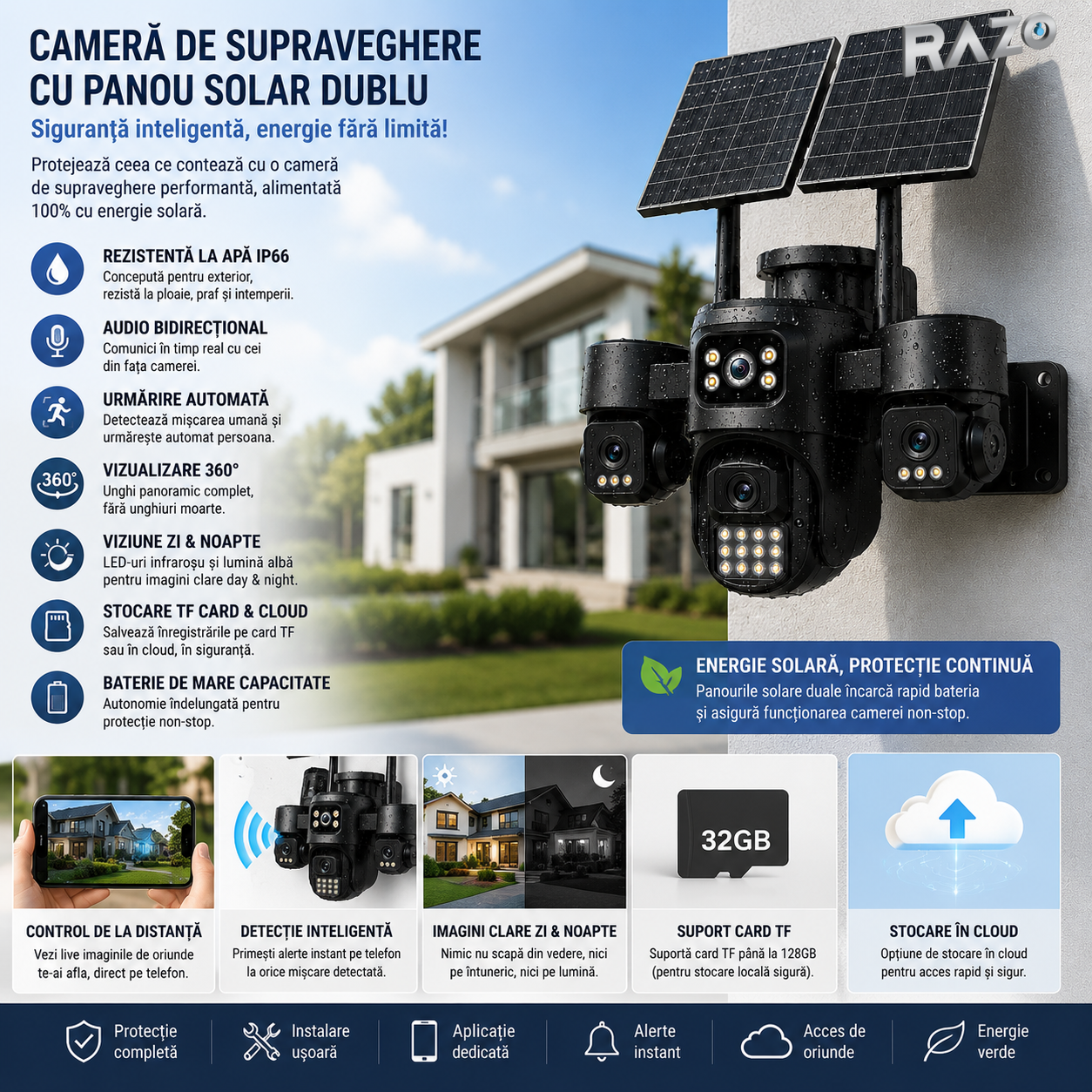 Camera Supraveghere 4G 12MP cu Panou Solar Dublu, 4 Camere 4MP, Human Tracking, Audio Bidirectional, IP66 Waterproof, TF Card & Cloud Storage, Control Telefon, Vedere 360°, Baterie Integrata