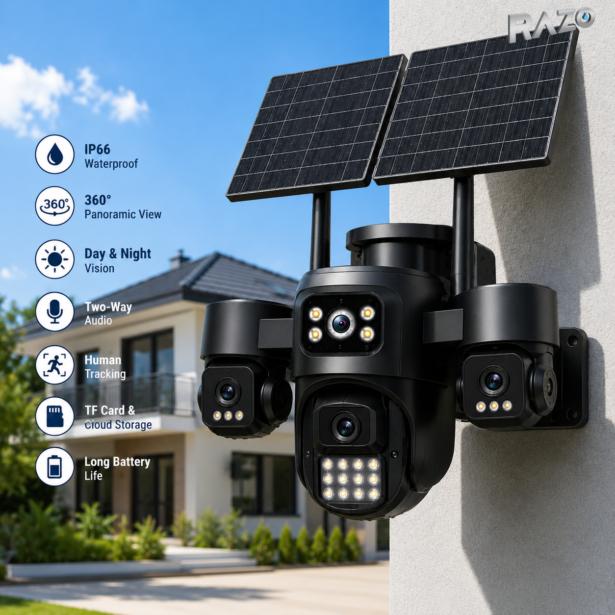 Camera Supraveghere 4G 12MP cu Panou Solar Dublu, 4 Camere 4MP, Human Tracking, Audio Bidirectional, IP66 Waterproof, TF Card & Cloud Storage, Control Telefon, Vedere 360°, Baterie Integrata