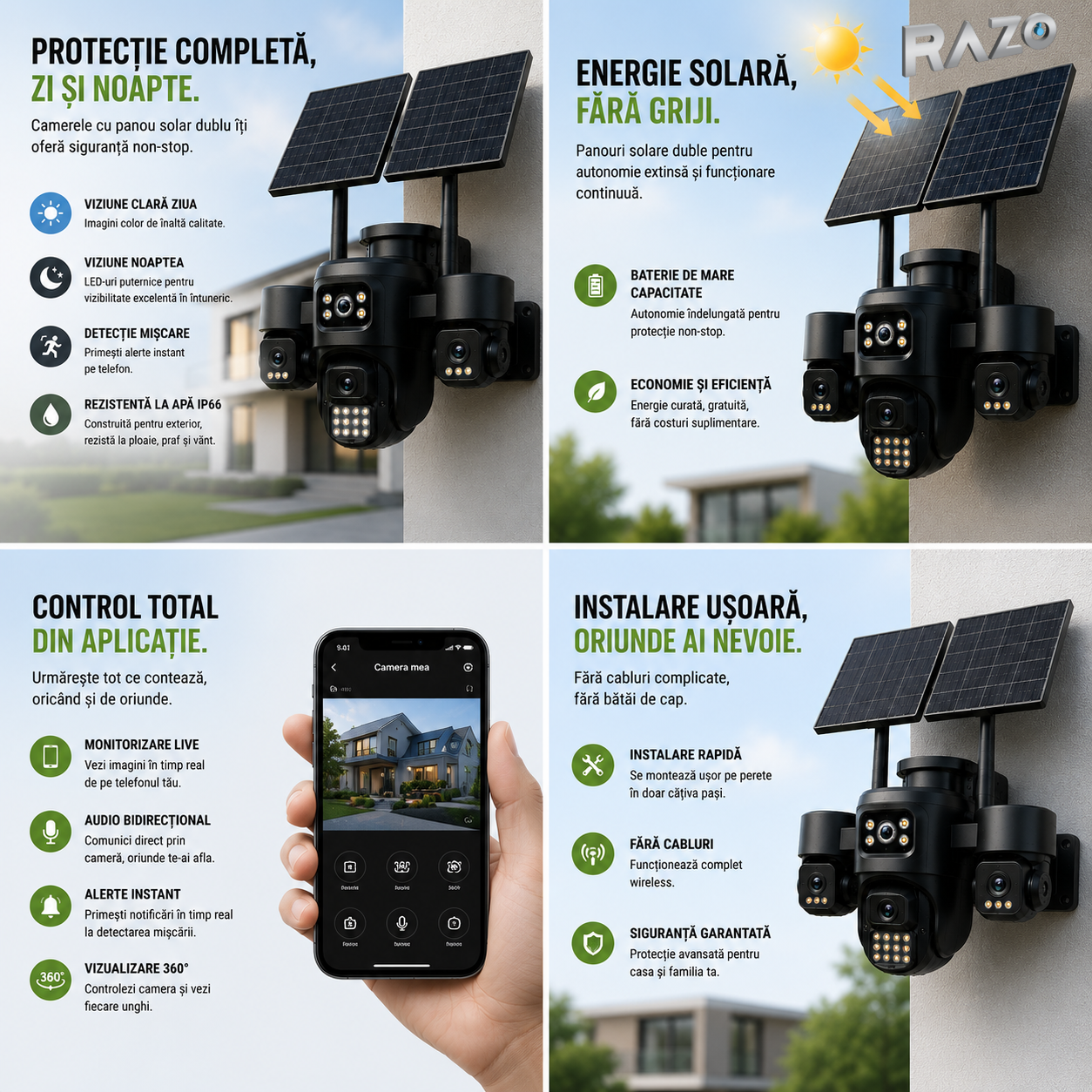 Camera Supraveghere 4G 12MP cu Panou Solar Dublu, 4 Camere 4MP, Human Tracking, Audio Bidirectional, IP66 Waterproof, TF Card & Cloud Storage, Control Telefon, Vedere 360°, Baterie Integrata