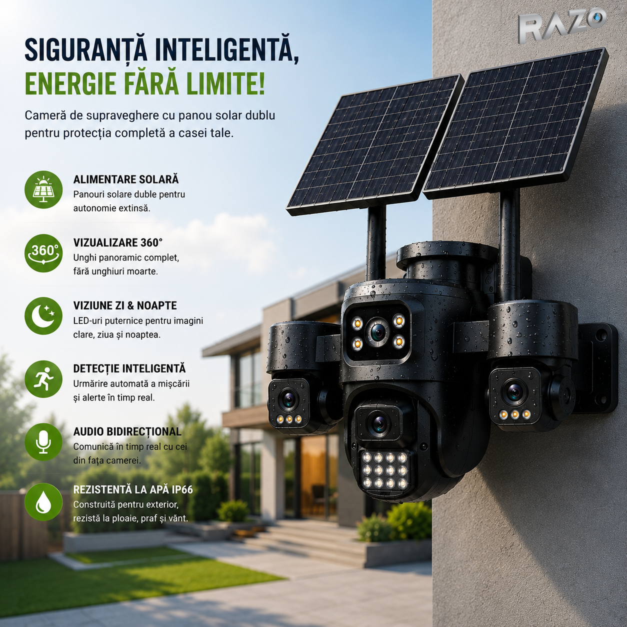 Camera Supraveghere 4G 12MP cu Panou Solar Dublu, 4 Camere 4MP, Human Tracking, Audio Bidirectional, IP66 Waterproof, TF Card & Cloud Storage, Control Telefon, Vedere 360°, Baterie Integrata