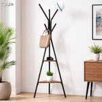 Cuier pentru haine RAZO din otel de carbon si lemn natural, 9 agatatori rezistente, suport superior pentru accesorii, design modern, stabilitate 45 kg, dimensiuni 180x45 cm, negru
