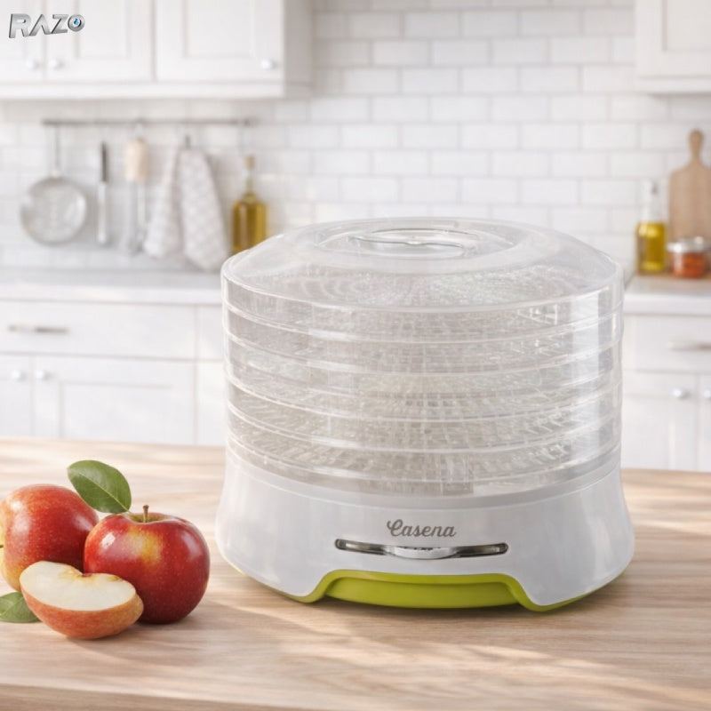Deshidrator alimente RAZO Casena 240W, 5 tavi transparente, 8 programe presetate, termostat reglabil 35–70°C, uscare uniforma pentru fructe, legume, ciuperci, ierburi aromatice si plante medicinale, protectie la supraincalzire
