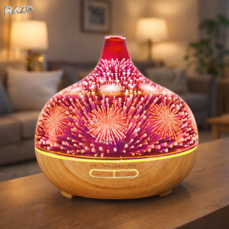 Difuzor aromaterapie 3D RAZO cu ultrasunete, umidificator 500 ml, LED 7 culori si telecomanda, model artificii, finisaj lemn deschis, maro deschis