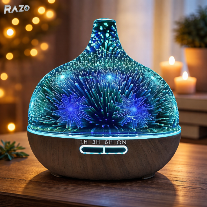 Difuzor aromaterapie 3D RAZO cu ultrasunete, umidificator 500 ml, LED 7 culori si telecomanda, model artificii, finisaj lemn deschis, maro inchis