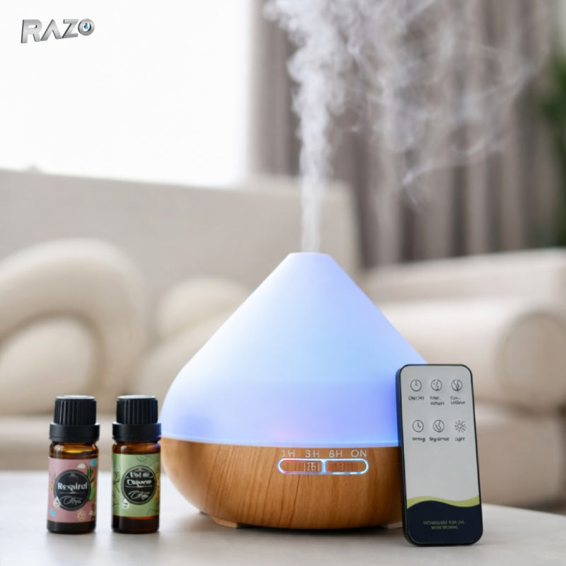Difuzor aromaterapie AromaWood RAZO 0.5L, umidificator cu ultrasunete, lampa LED 7 culori, telecomanda inclusa, temporizator presetat si oprire automata, pentru incaperi de pana la 35 mp