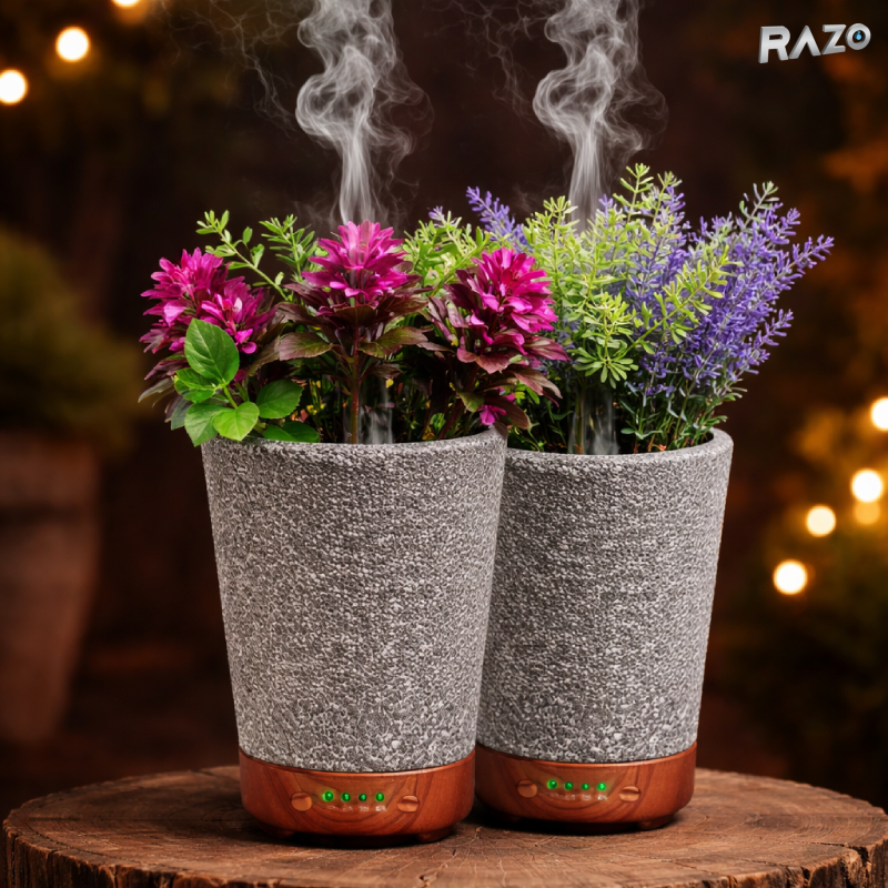 Difuzor aromaterapie tip ghiveci 3 in 1 RAZO, Umidificator Aer, Lumina LED 7 culori, Difuzor uleiuri esentiale, Alimentare USB, Maro