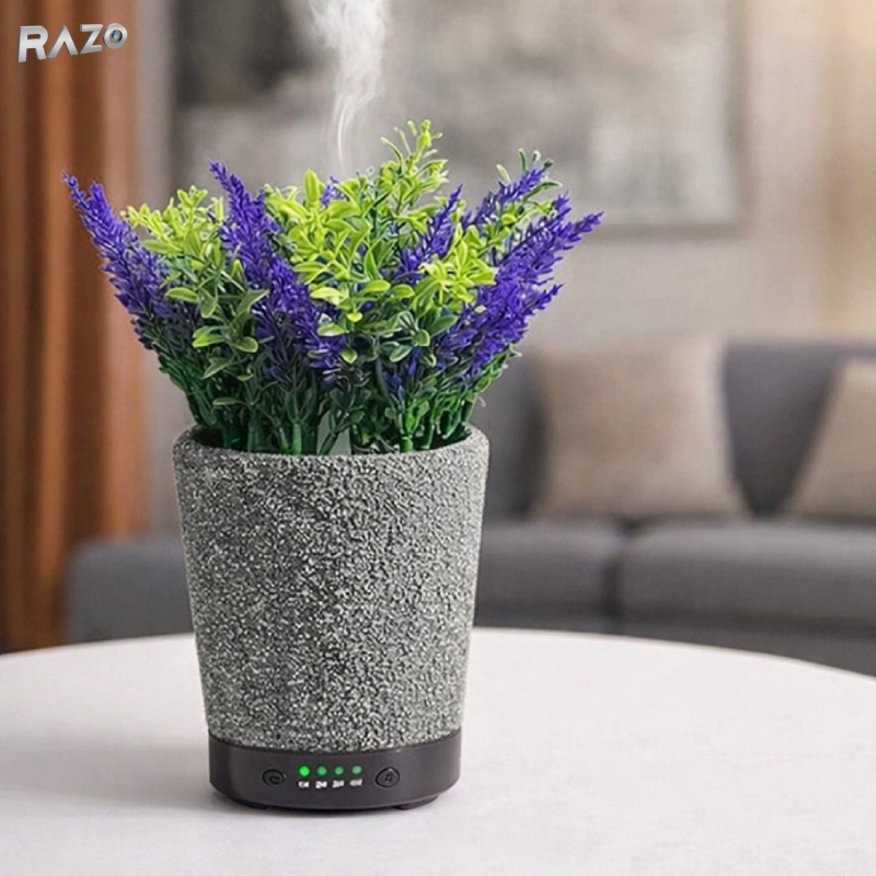 Difuzor aromaterapie tip ghiveci 3 in 1 RAZO, Umidificator Aer, Lumina LED 7 culori, Difuzor uleiuri esentiale, Alimentare USB, Negru