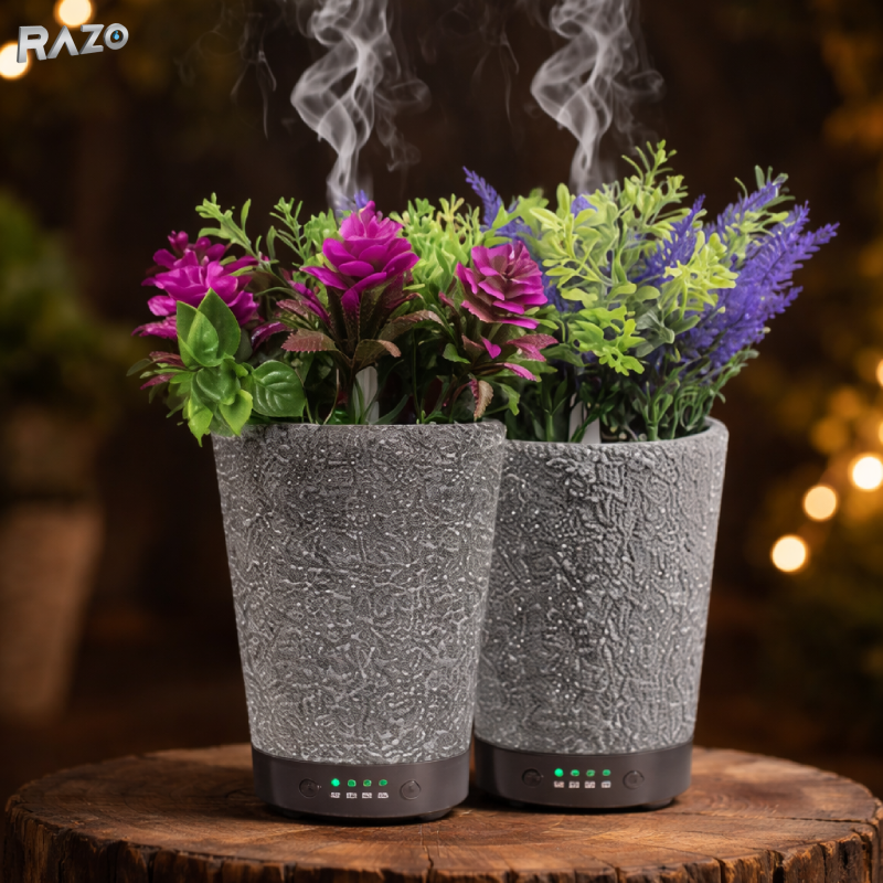 Difuzor aromaterapie 3 in 1 RAZO tip ghiveci, umidificator aer cu lumina LED 7 culori si difuzor pentru uleiuri esentiale, alimentare USB, negru